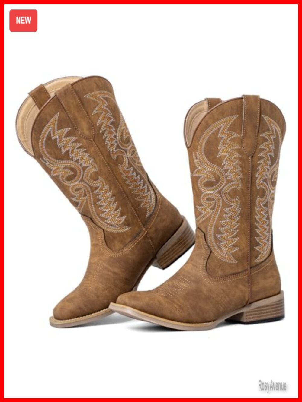 Extra Wide Calf Cowboy Boots Women Square Toe Faux Leather Western Mid-Calf